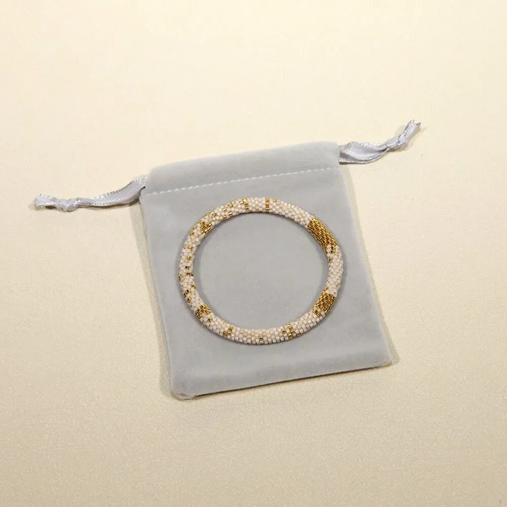 Handmade Miyuki Delica Bead Bracelet White 24k Gold Crochet Rope Artisan Gift